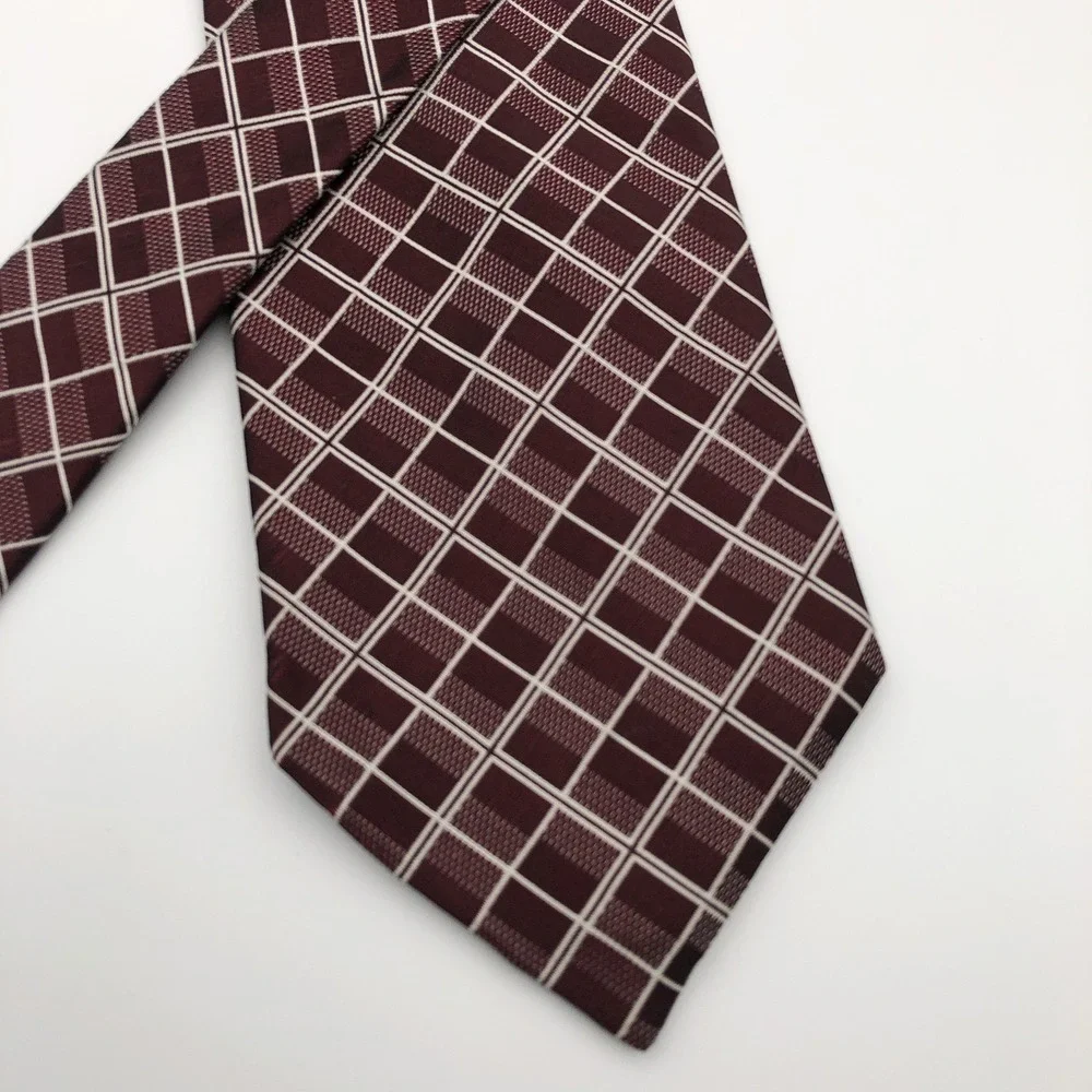 VTG Lauren Ralph Lauren Tie Burgundy Plaid Diamond 100% SILK Made USA Hand Finis
